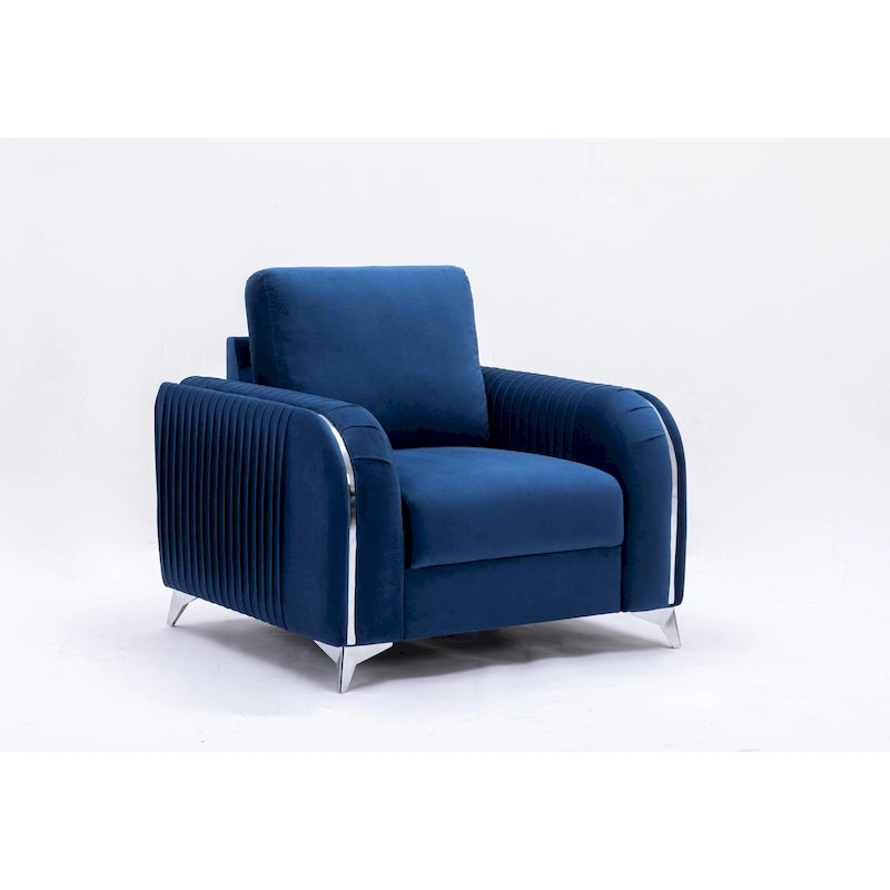 Blue Velvet Accent Chair with Polished Chrome Trim and Pocket Coil Seating