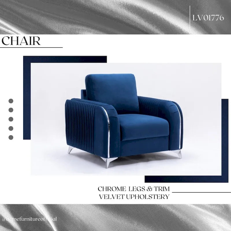 Blue Velvet Accent Chair with Polished Chrome Trim and Pocket Coil Seating