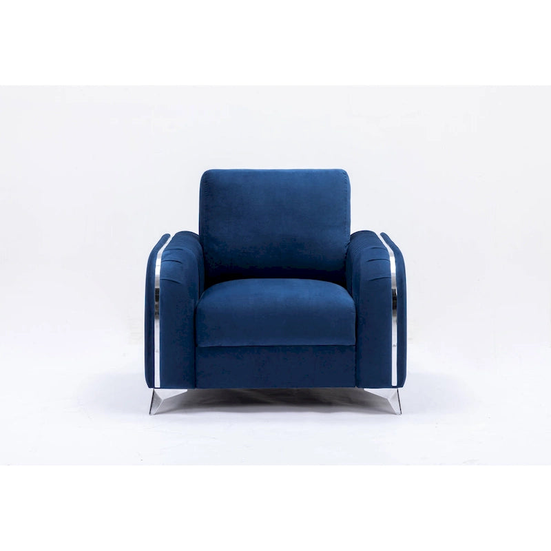 Blue Velvet Accent Chair with Polished Chrome Trim and Pocket Coil Seating