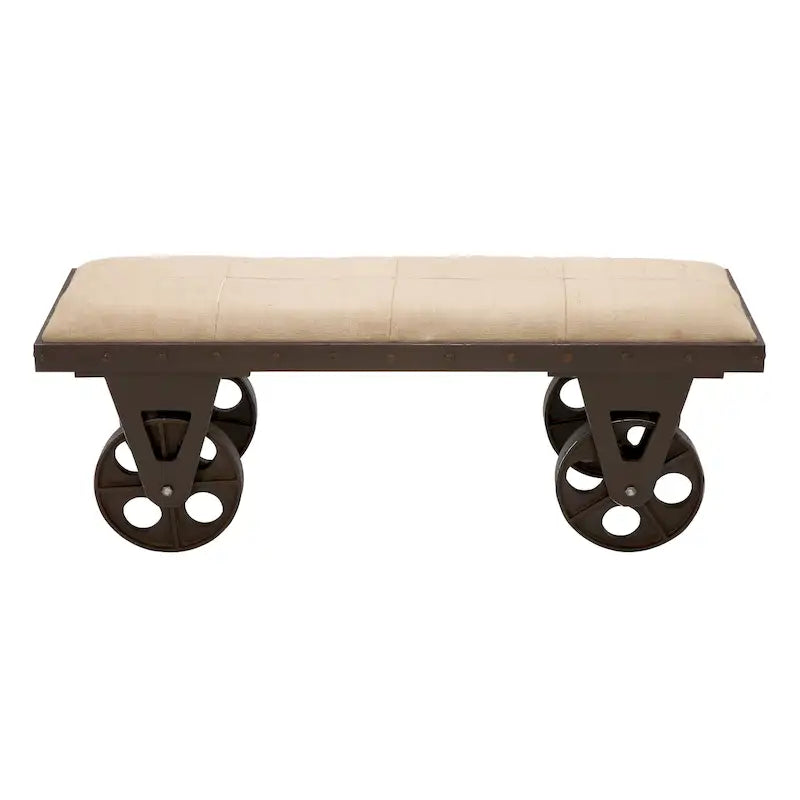 Industrial Linen Upholstered Entryway Bench with Wagon Wheels, 47"L