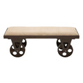 Industrial Linen Upholstered Entryway Bench with Wagon Wheels, 47"L