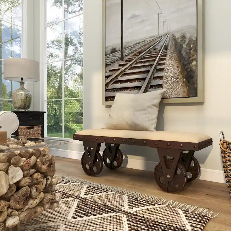 Industrial Linen Upholstered Entryway Bench with Wagon Wheels, 47"L