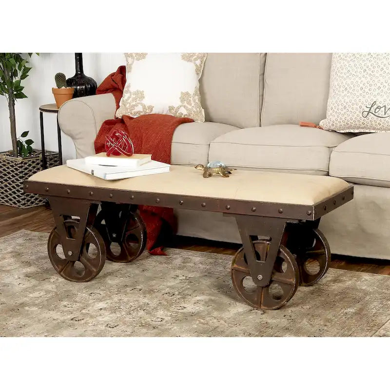 Industrial Linen Upholstered Entryway Bench with Wagon Wheels, 47"L
