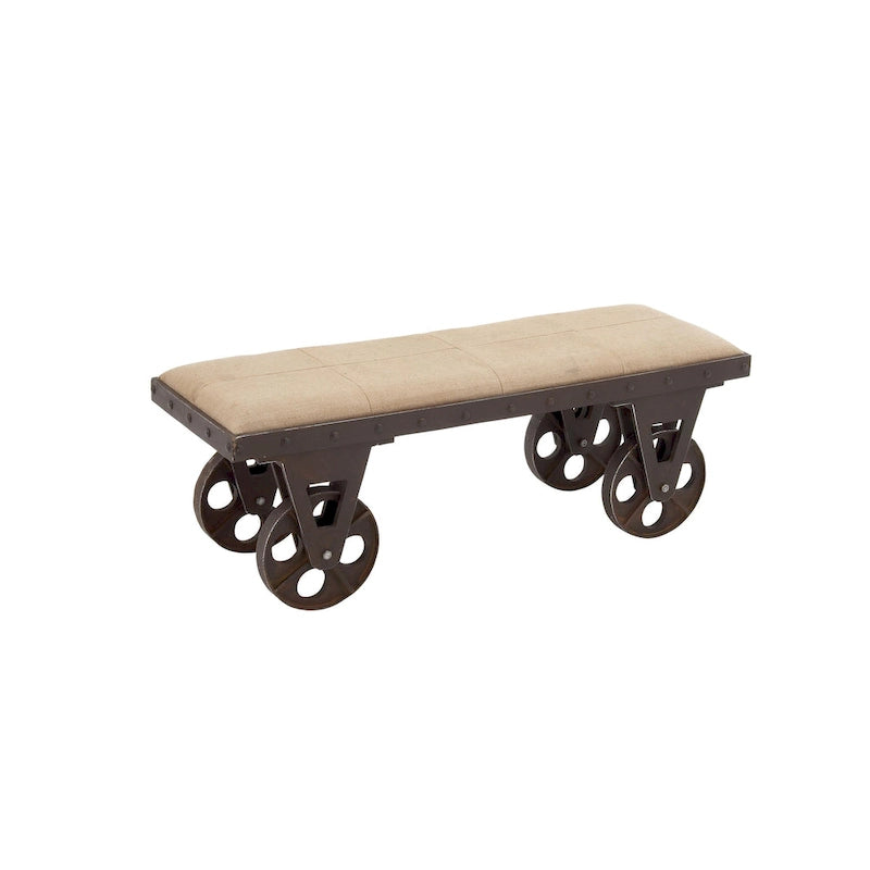 Industrial Linen Upholstered Entryway Bench with Wagon Wheels, 47"L