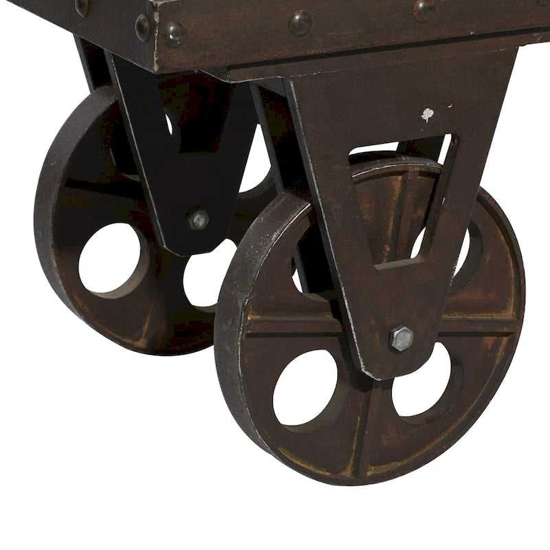 Industrial Linen Upholstered Entryway Bench with Wagon Wheels, 47"L
