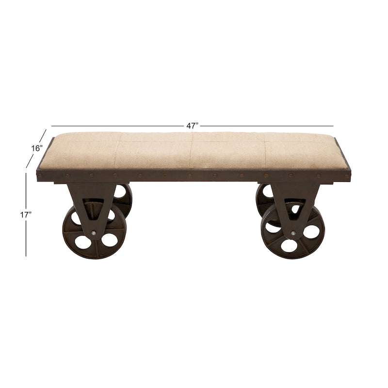 Industrial Linen Upholstered Entryway Bench with Wagon Wheels, 47"L