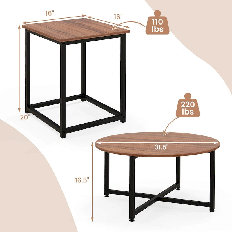 3-Piece Coffee Table Set with Round and Square End Tables