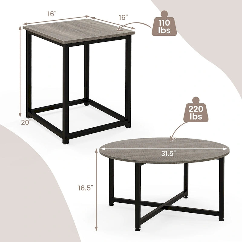 3-Piece Coffee Table Set with Round and Square End Tables