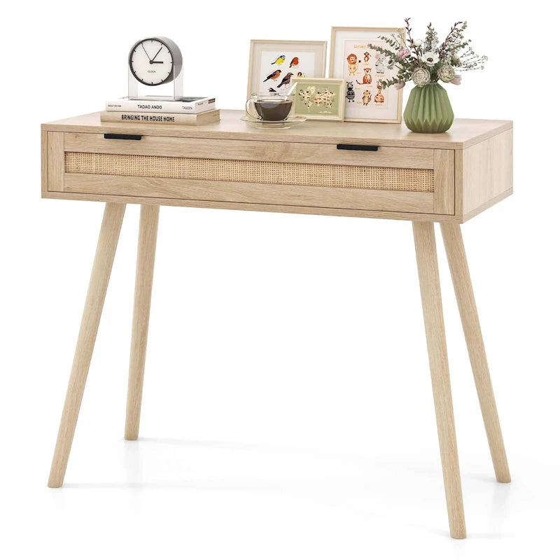 Rattan Console Table with Pull-out Drawer, Boho Style