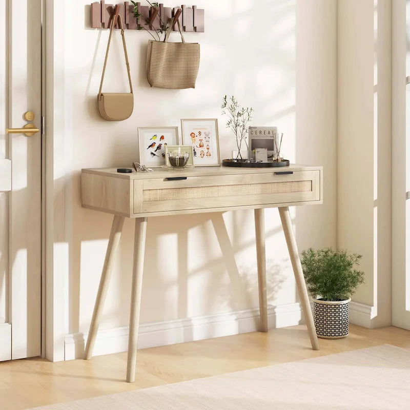Rattan Console Table with Pull-out Drawer, Boho Style