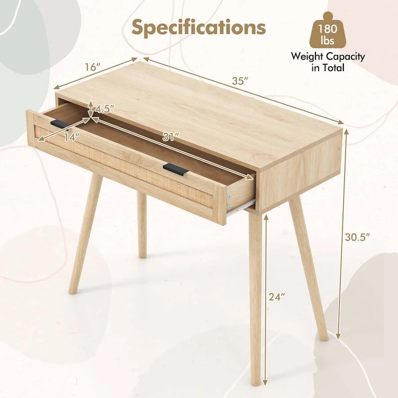 Rattan Console Table with Pull-out Drawer, Boho Style