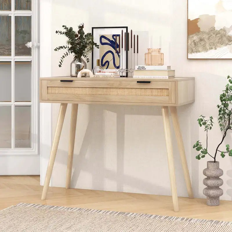 Rattan Console Table with Pull-out Drawer, Boho Style
