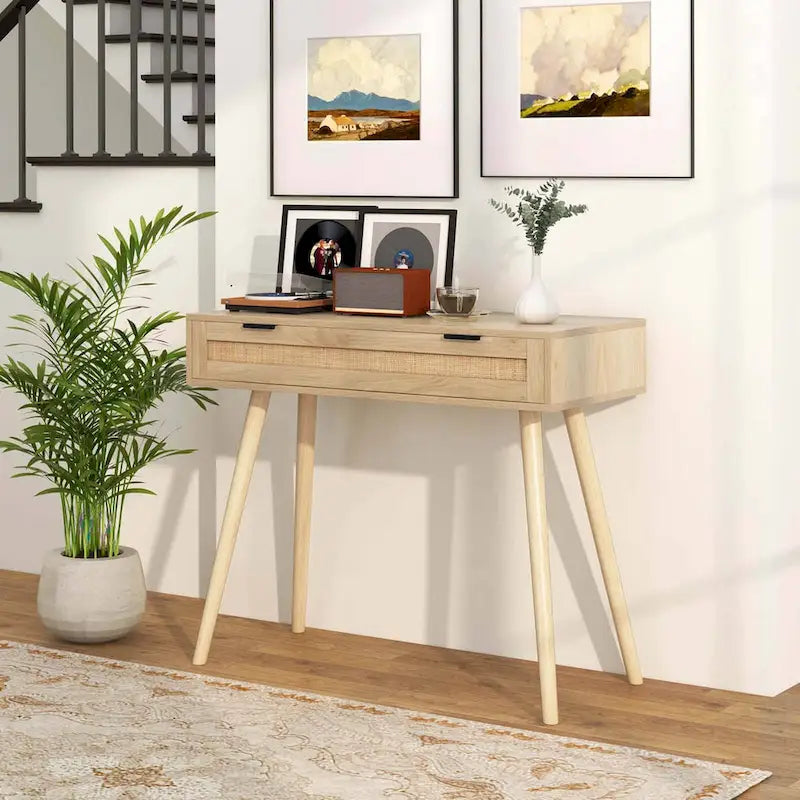 Rattan Console Table with Pull-out Drawer, Boho Style