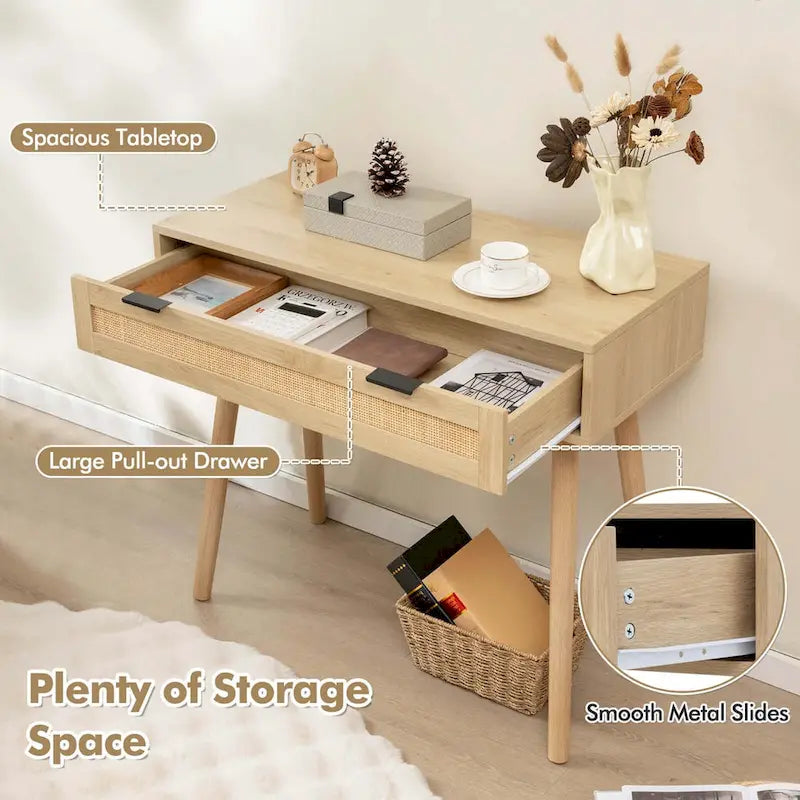 Rattan Console Table with Pull-out Drawer, Boho Style