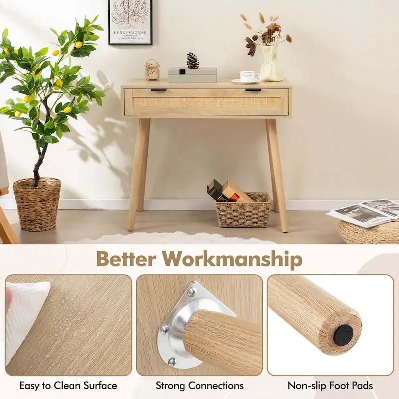 Rattan Console Table with Pull-out Drawer, Boho Style