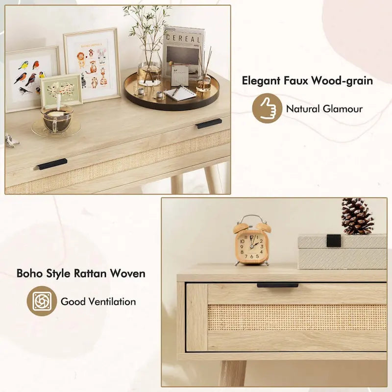 Rattan Console Table with Pull-out Drawer, Boho Style