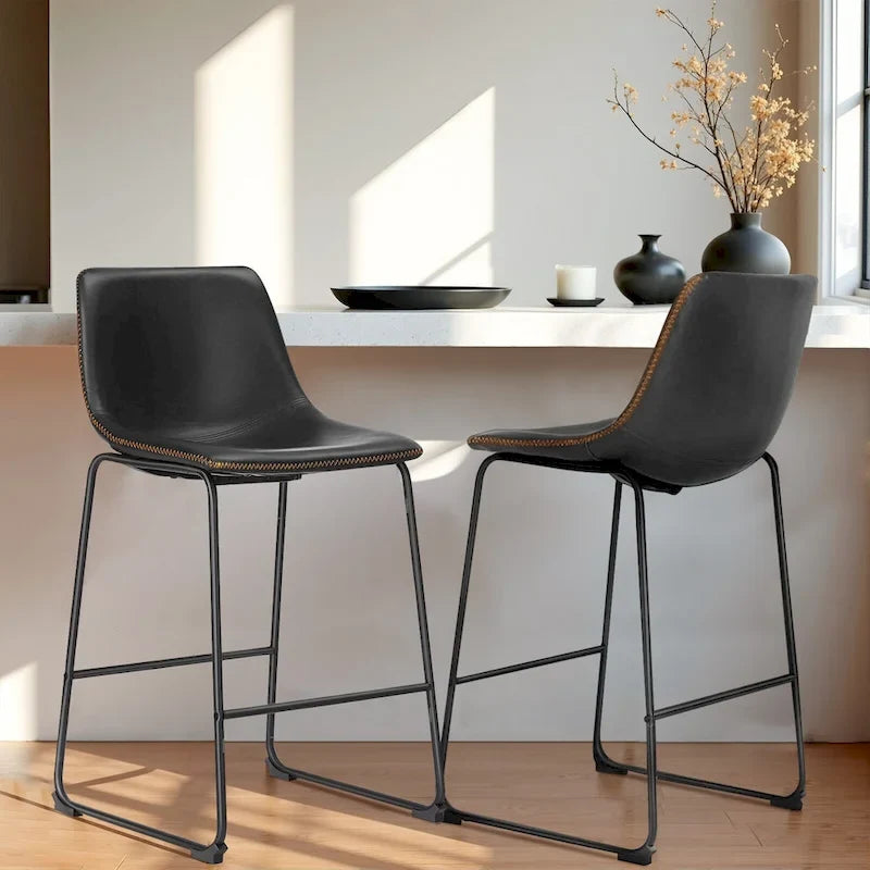 Faux Leather Counter Height Bar Stools Set of 2 with Back and Metal Legs