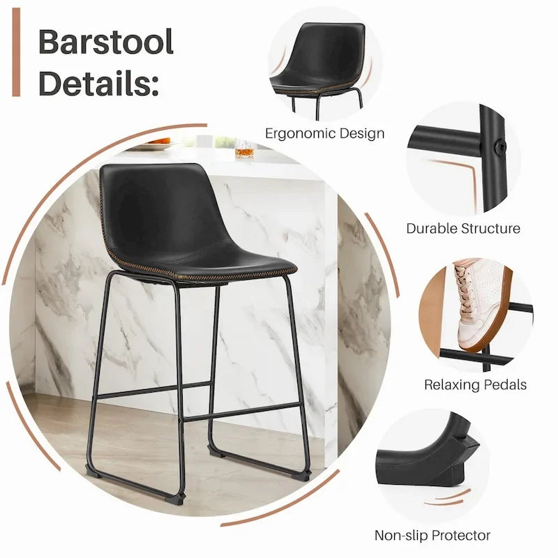Faux Leather Counter Height Bar Stools Set of 2 with Back and Metal Legs