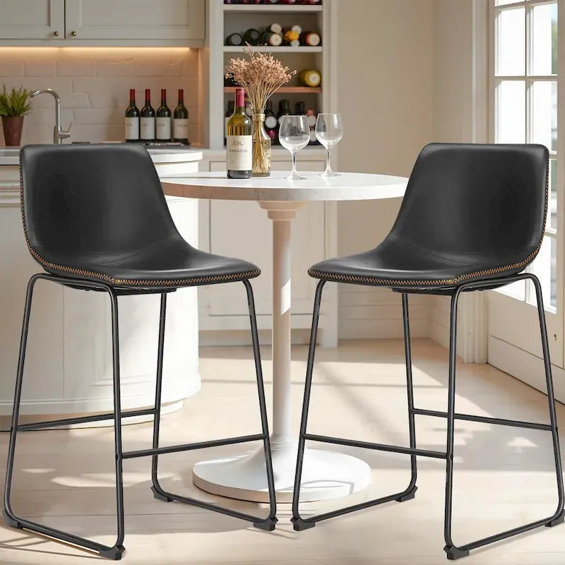 Faux Leather Counter Height Bar Stools Set of 2 with Back and Metal Legs