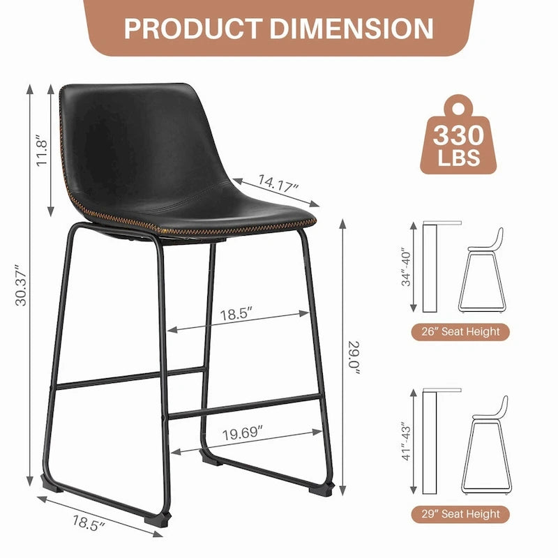 Faux Leather Counter Height Bar Stools Set of 2 with Back and Metal Legs