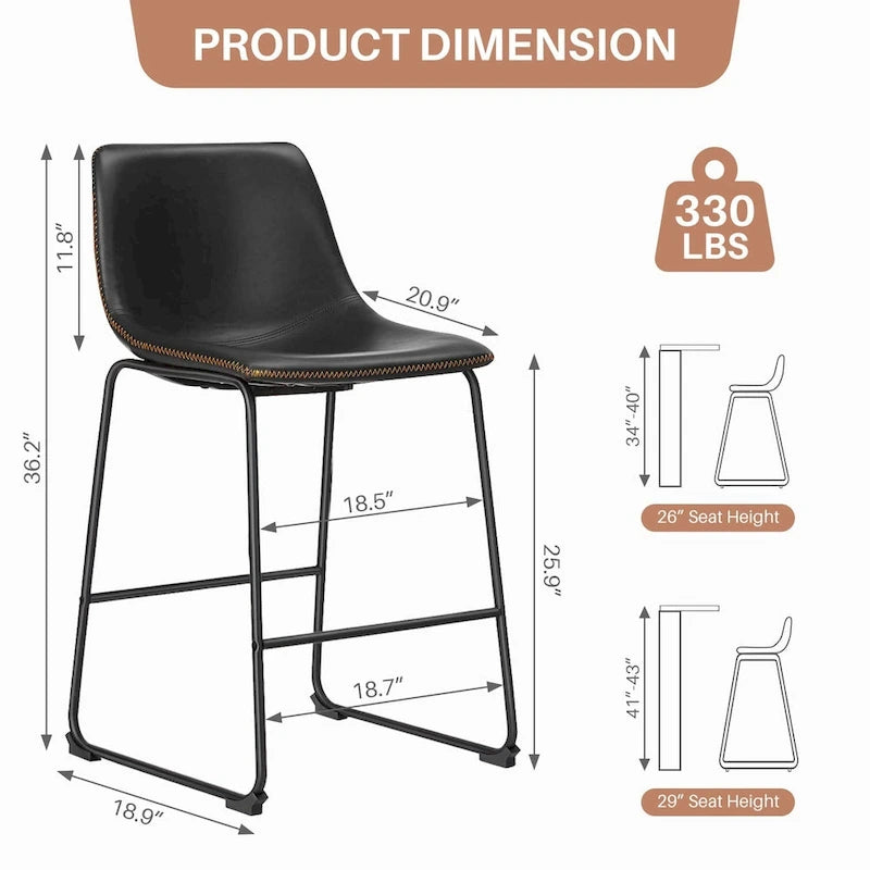 Faux Leather Counter Height Bar Stools Set of 2 with Back and Metal Legs
