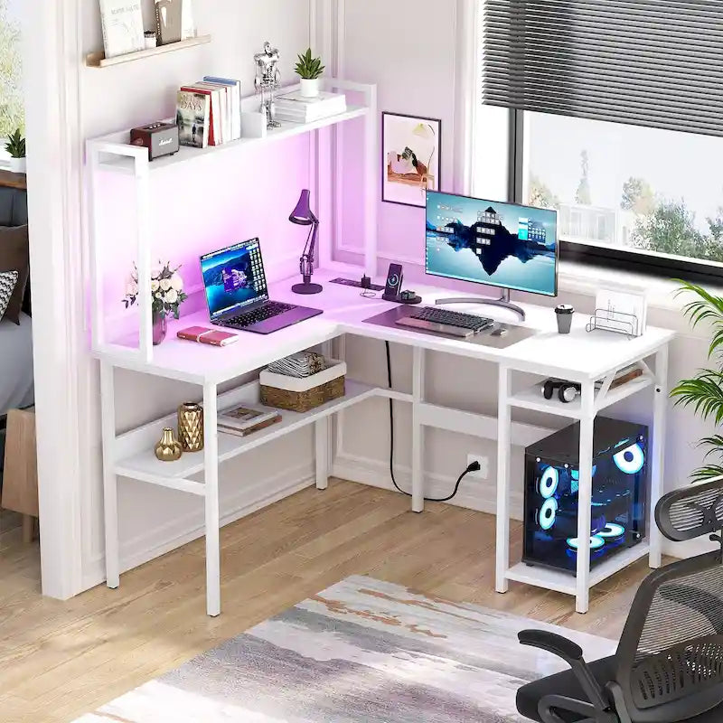 L-Shaped Corner Gaming Desk with Hutch, RGB LED Lights, and USB Charging Ports