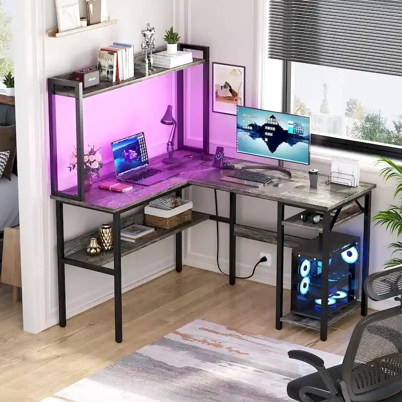 L-Shaped Corner Gaming Desk with Hutch, RGB LED Lights, and USB Charging Ports