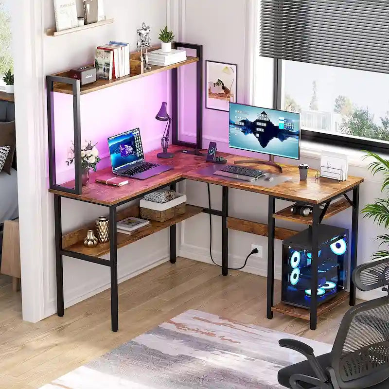 L-Shaped Corner Gaming Desk with Hutch, RGB LED Lights, and USB Charging Ports