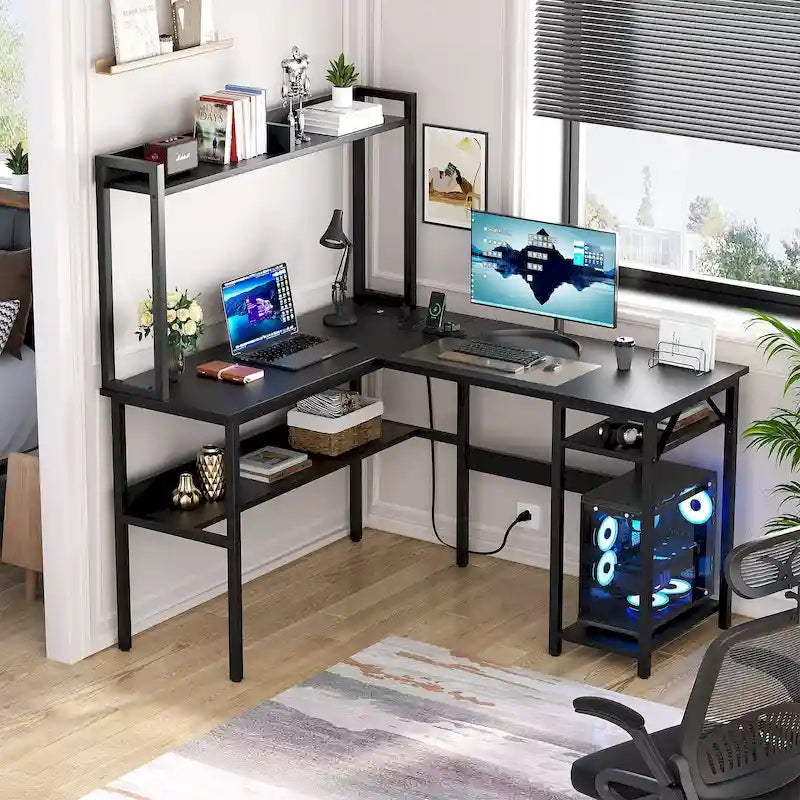 L-Shaped Corner Gaming Desk with Hutch, RGB LED Lights, and USB Charging Ports