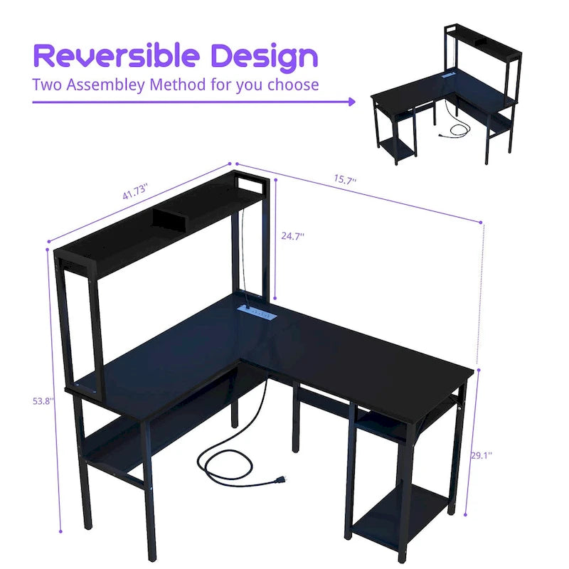 L-Shaped Corner Gaming Desk with Hutch, RGB LED Lights, and USB Charging Ports
