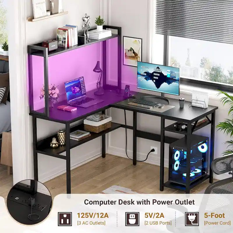 L-Shaped Corner Gaming Desk with Hutch, RGB LED Lights, and USB Charging Ports
