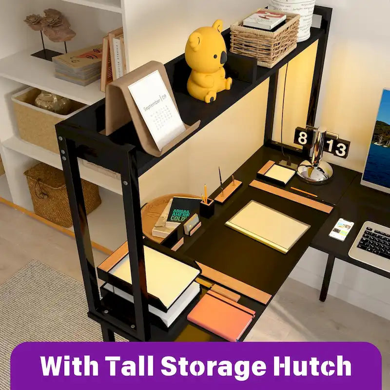L-Shaped Corner Gaming Desk with Hutch, RGB LED Lights, and USB Charging Ports