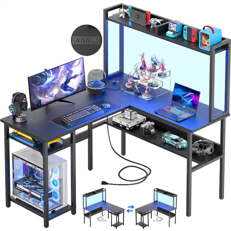 L-Shaped Corner Gaming Desk with Hutch, RGB LED Lights, and USB Charging Ports