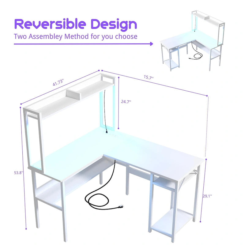 L-Shaped Corner Gaming Desk with Hutch, RGB LED Lights, and USB Charging Ports