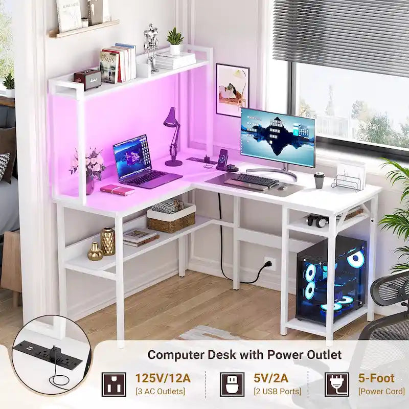 L-Shaped Corner Gaming Desk with Hutch, RGB LED Lights, and USB Charging Ports