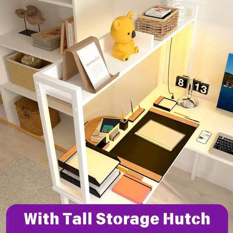 L-Shaped Corner Gaming Desk with Hutch, RGB LED Lights, and USB Charging Ports