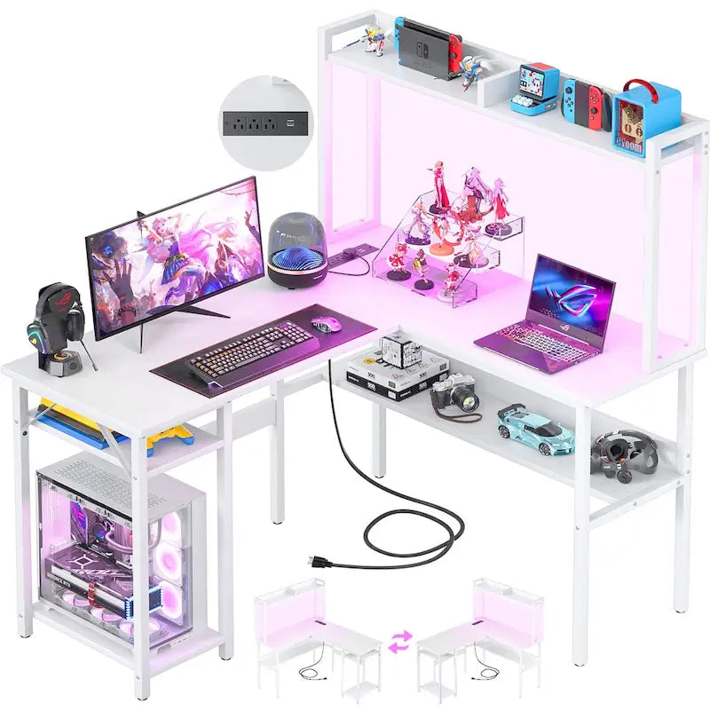 L-Shaped Corner Gaming Desk with Hutch, RGB LED Lights, and USB Charging Ports