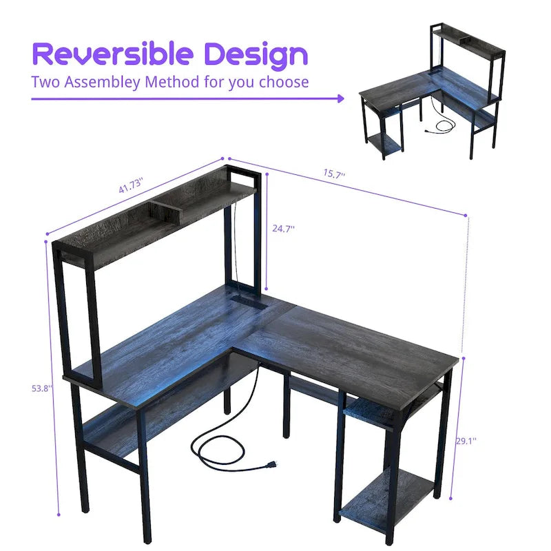 L-Shaped Corner Gaming Desk with Hutch, RGB LED Lights, and USB Charging Ports