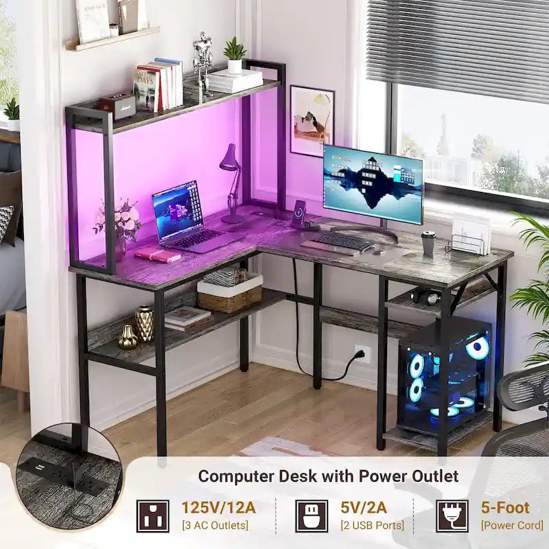 L-Shaped Corner Gaming Desk with Hutch, RGB LED Lights, and USB Charging Ports