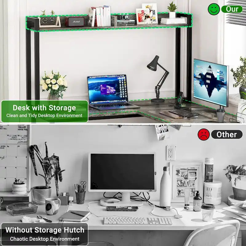 L-Shaped Corner Gaming Desk with Hutch, RGB LED Lights, and USB Charging Ports