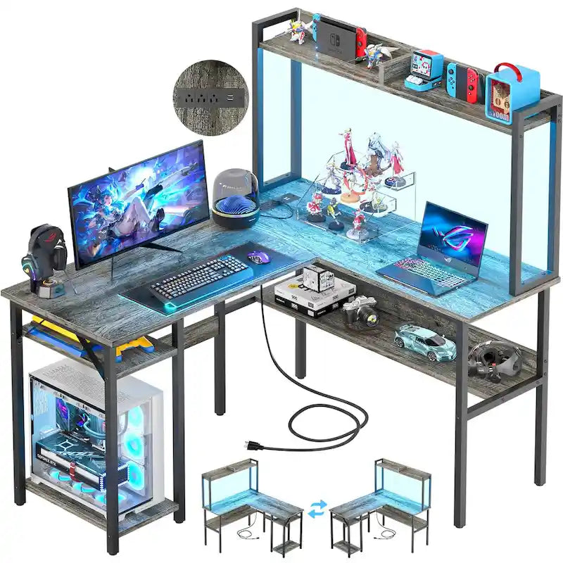 L-Shaped Corner Gaming Desk with Hutch, RGB LED Lights, and USB Charging Ports