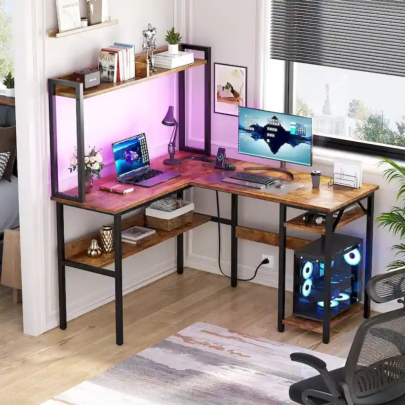 L-Shaped Corner Gaming Desk with Hutch, RGB LED Lights, and USB Charging Ports