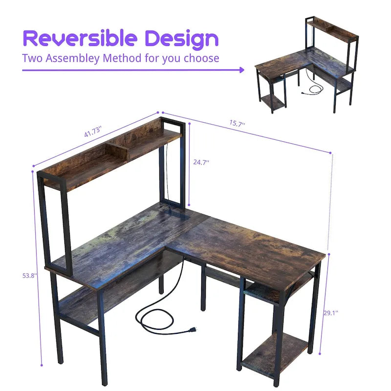 L-Shaped Corner Gaming Desk with Hutch, RGB LED Lights, and USB Charging Ports