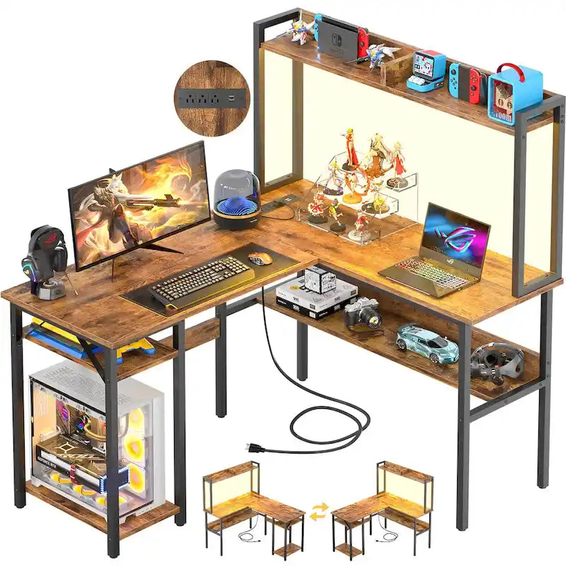 L-Shaped Corner Gaming Desk with Hutch, RGB LED Lights, and USB Charging Ports