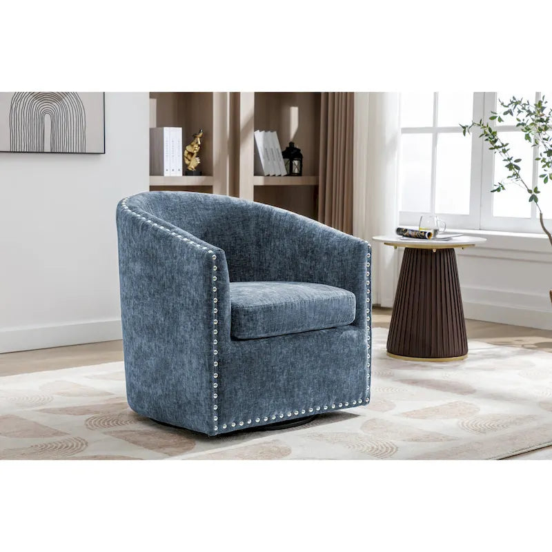 Fabric Swivel Barrel Accent Chair with Nailhead Trim and Removable Cushion
