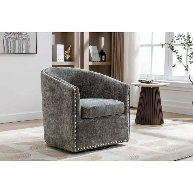 Fabric Swivel Barrel Accent Chair with Nailhead Trim and Removable Cushion