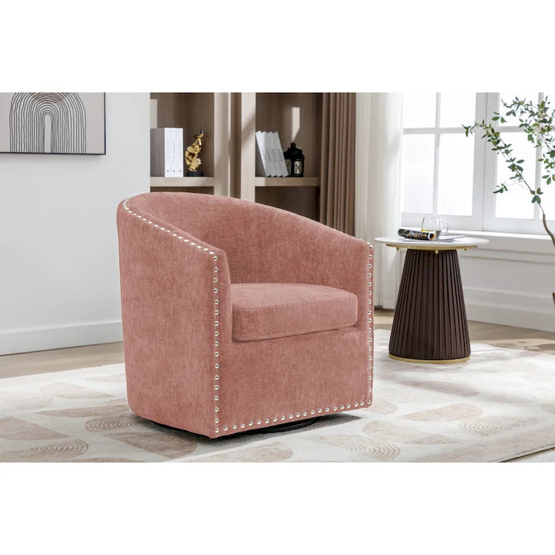 Fabric Swivel Barrel Accent Chair with Nailhead Trim and Removable Cushion