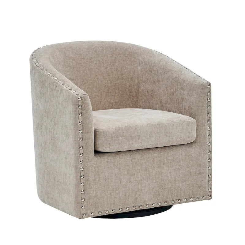 Fabric Swivel Barrel Accent Chair with Nailhead Trim and Removable Cushion