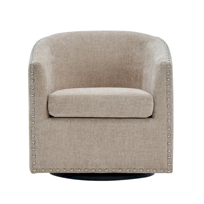 Fabric Swivel Barrel Accent Chair with Nailhead Trim and Removable Cushion