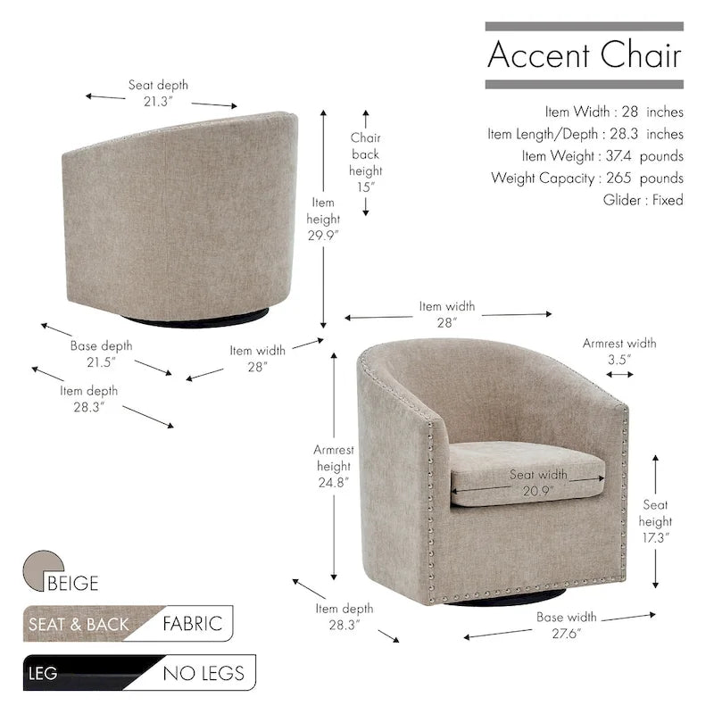 Fabric Swivel Barrel Accent Chair with Nailhead Trim and Removable Cushion